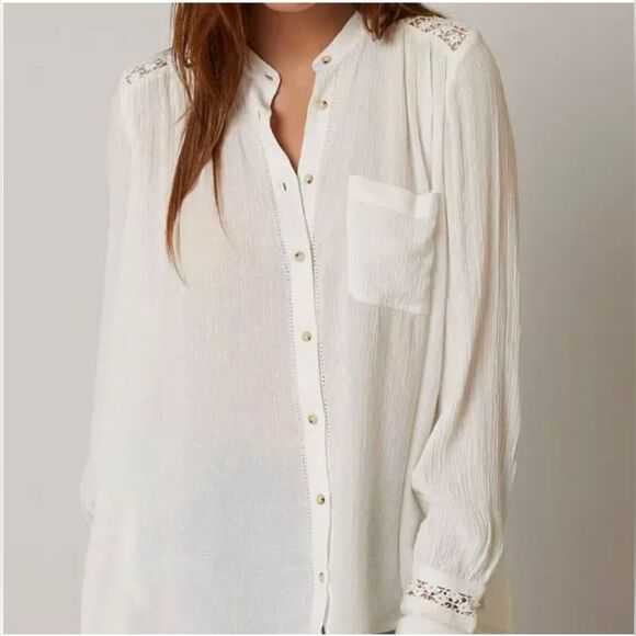Free People “The Best Shirt” Gauzy Beige Blouse with‎ Crochet Inset – Size S - Picture 2 of 12